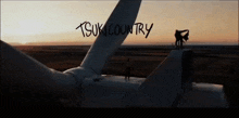 a couple standing on top of a wind turbine with the words tsuki country written in the background