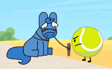 a cartoon horse is tied to a tennis ball with a stick