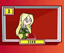 a cartoon character with the name dawn on a red screen