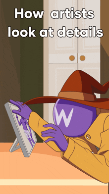 a cartoon of a witch looking at a picture with the words how artists look at details below it