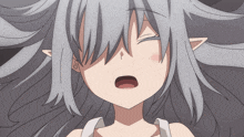 a close up of a girl 's face with gray hair