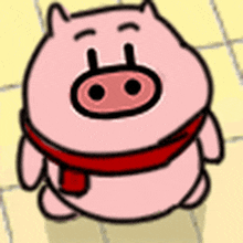 a cartoon pig with a red scarf around its neck is standing on a tiled floor .