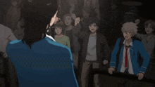 a man singing into a microphone with a crowd behind him