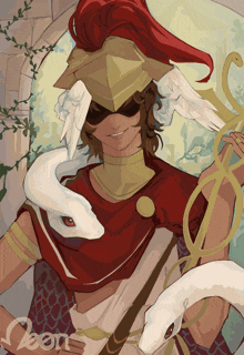 a painting of a man with a helmet and a snake on his shoulder has the word deon on the bottom
