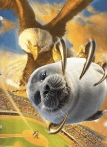 a painting of a seal being attacked by an eagle on a baseball field