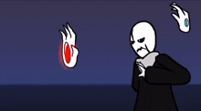a cartoon drawing of a skeleton with a flame coming out of his hands