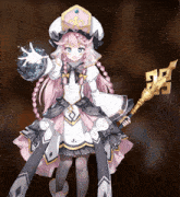 a girl with pink hair is holding a spear and a sphere in her hand