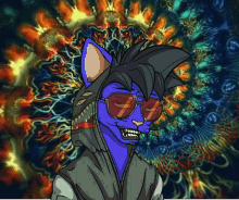 a cartoon drawing of a blue cat wearing sunglasses and a hoodie
