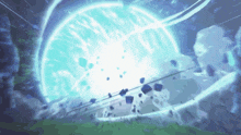 a large blue sphere is being thrown in the air