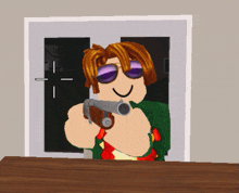 a cartoon character is holding a gun in front of a door