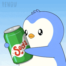 a penguin is holding a can of soda in its hand