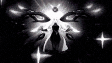 a black and white photo of a woman in a white coat standing in the dark surrounded by glowing lights .