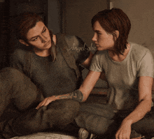 a couple of women sitting next to each other with angel-gbc written on the bottom