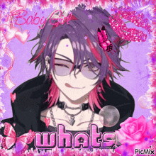 a picture of a boy with purple and pink hair and the words whats