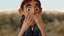 a close up of a cartoon character covering her mouth with her hands