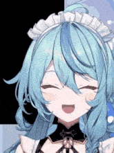 a close up of a blue haired anime girl wearing a maid 's hat and smiling .