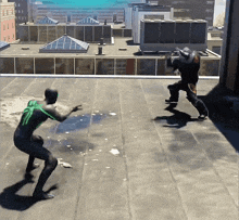 a man in a green shirt is fighting another man in a black suit