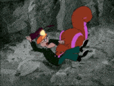 a cartoon of a man being attacked by a squirrel in a cave