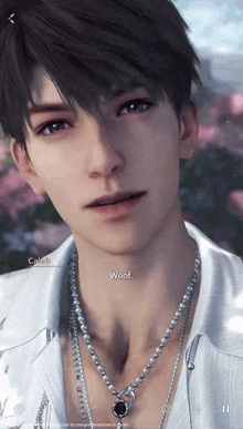 a close up of a man 's face with the words woof on the bottom right