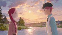 a boy and a girl looking at each other in front of a river
