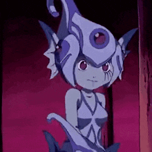 a cartoon girl with a purple and white hat is standing in a room .