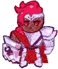 a cartoon character with red hair and a red cape is holding a sword and shield .