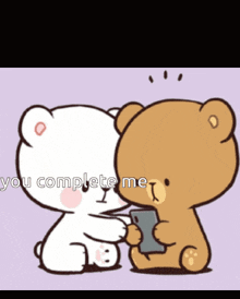 a cartoon of two teddy bears holding a cell phone with the words you complete me on the bottom