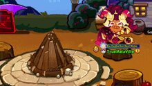 a cartoon character named truemalaville is standing next to a fire pit
