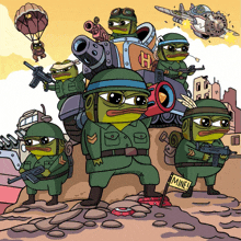 a cartoon of a group of soldiers with a sign that says mine