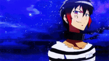 a cartoon character with a tattoo on his face is standing in front of a blue sky .