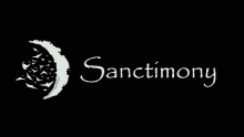 a logo for sanctimony with a crescent moon in the background