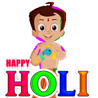 a happy holi greeting card with a cartoon boy holding a water gun