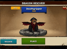 a screen shows a dragon being rescued and says " dragon rescued "