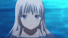 a girl with long white hair and blue eyes is swimming in the water
