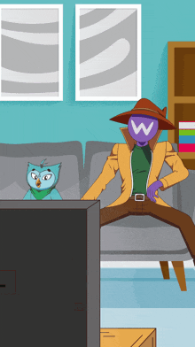 a cartoon of a man sitting on a couch with a w on his head