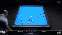 a pool table with a blue cloth that says diamond