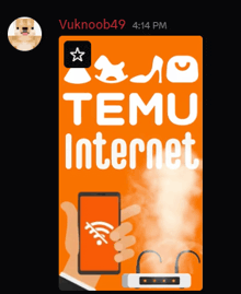a poster that says " temu internet " with a hand holding a cell phone