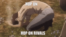 a man is kneeling down in the grass with the words hop on rivals written on his back