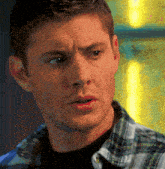 a man in a plaid shirt looks at the camera