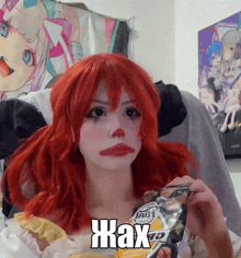 a girl with red hair and a clown face is holding a bag of potato chips