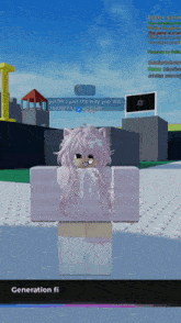 a girl with pink hair is in a video game and says generation fi