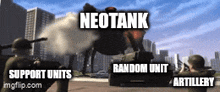 a screenshot of a video game with the words neotank random unit support units artillery