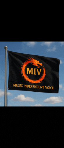 a black flag with an orange dragon and the words miv music independent voice