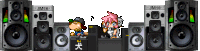a cartoon of a boy and a girl playing music with jm10 speakers in the background