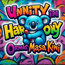 a blue koala bear holding a microphone with the words unity in harmony on the bottom