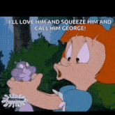 a cartoon girl is holding a purple squirrel in her hand and talking to him .