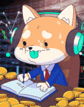 a cartoon drawing of a dog wearing headphones and writing in a notebook