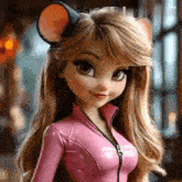 a doll is wearing a pink jacket and a mouse costume .