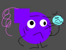 a purple cartoon character is holding a blue ball with the letter m on it