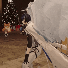 a christmas tree is behind a cartoon character